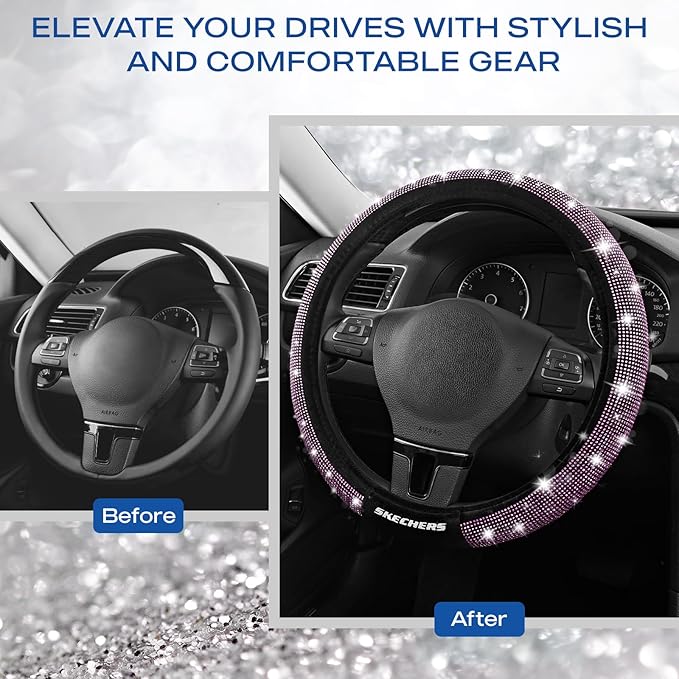 Skechers Women’s Bling Steering Wheel Cover, Velvet with Sparkly Crystal Rhinestones, Stylish Car Interior Gift, Universal Fit 14" 1/2-15" for Cars, SUVs, Trucks, Purple Diamond