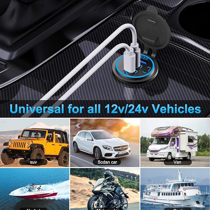 12V USB Outlet Wire USB Charger Multi Port, Dual PD3.0 USB-C and Quick Charge3.0 Car Port Socket with Power Switch, Fast Charge for Phone lPad Android Phones, Suitable for Car Boat RV Marine ATV