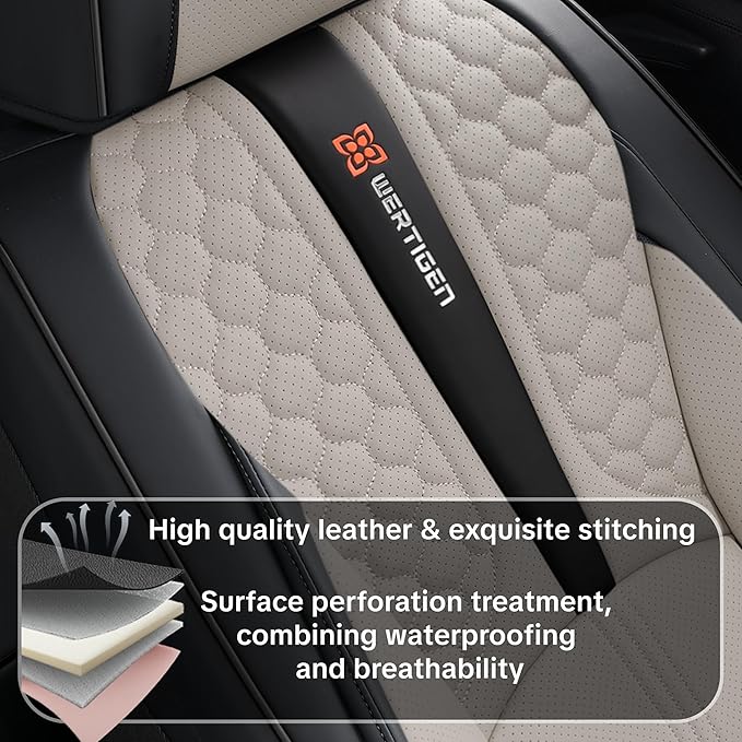 Wertigen Black and Grey PU Leather Car Seat Covers - Luxury Waterproof Car Seat Covers with Lumbar Support, Non-Slip Base, Airbag Compatibility, Easy Installation and Cleaning