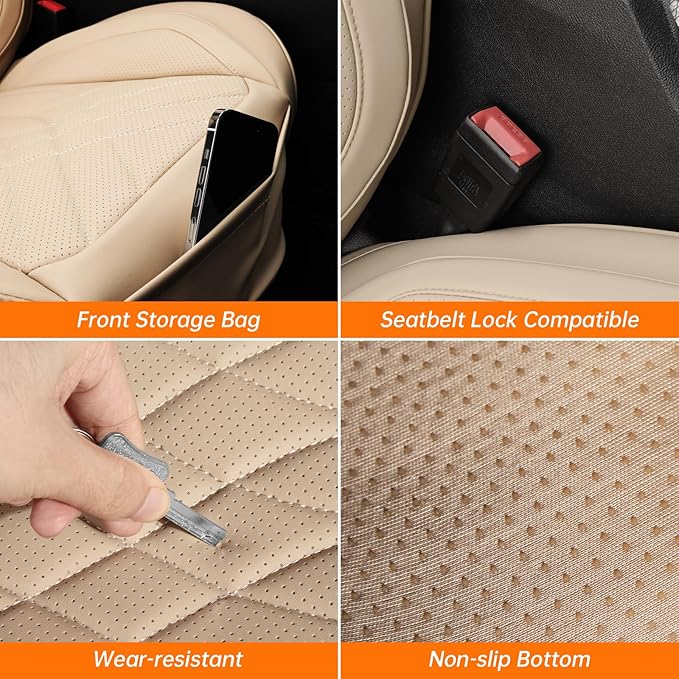 GEZHOUBA Car Seat Covers Front Seats Beige, Luxury Leather Automotive Seat Covers with Lumbar Support, Waterproof Car Seat Protector Universal Fit for Most Cars Trucks Pick-ups SUVs