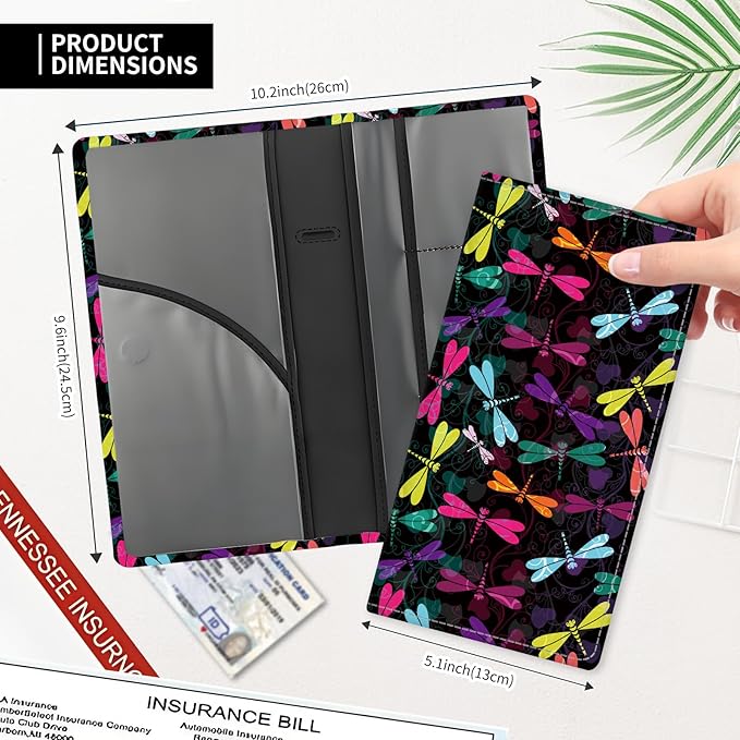 ADUQLZUX Leather Car Registration and Insurance Card Holder, Cute Car Accessories Vehicle Glove Box Car Organizer for Documents, Cards, License Colorful Dragonfly