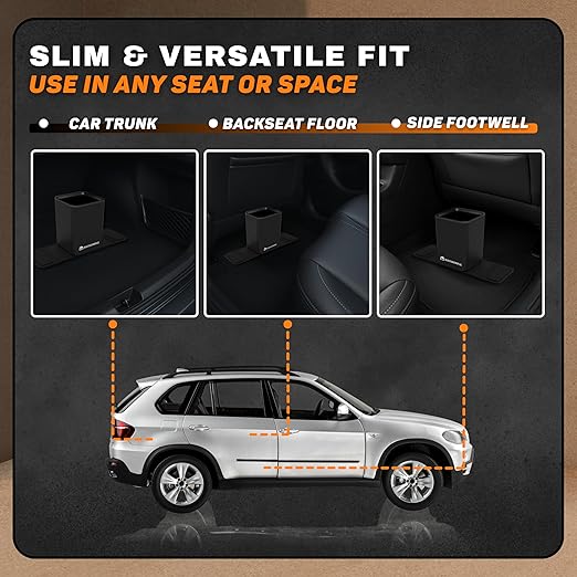 HAUSSIMPLE Car Trash Can, 0.8 Gallon Medium Car Garbage Bin with Stability Base Flap & Spikes for Car Humps and Flat Floors, Durable Plastic Auto Trash Container