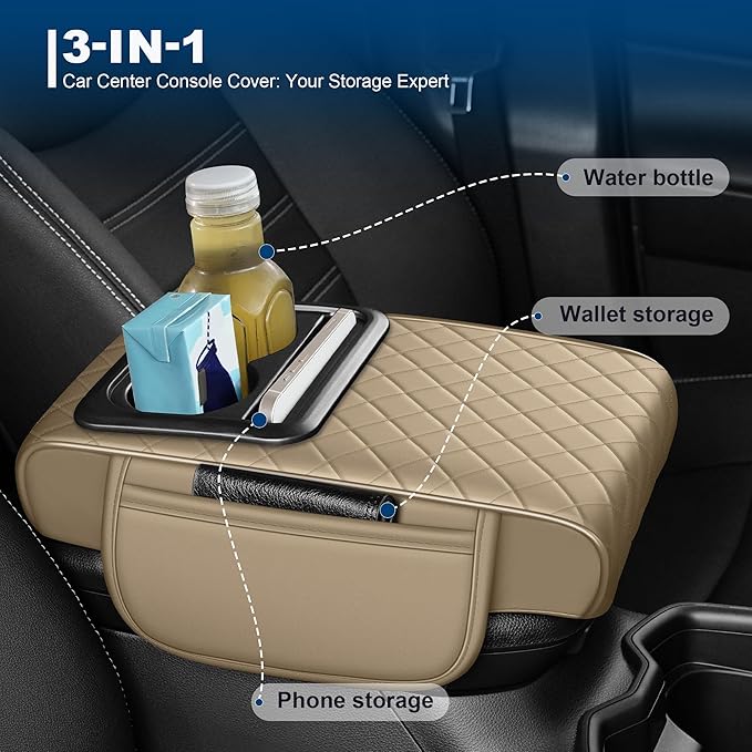 Car Center Console Cover Fit for Volkswagen ID.4 Faux Leather Auto Armrest Box Cover with Cup Holder & Phone Holder Waterproof Leather Armrest Protector Cushion(Beige)