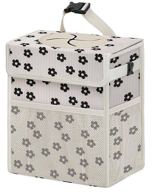 HORJONES Corduroy Car Trash Can with Lid and Mesh Pockets - Leakproof Organizer,Multipurpose Waterproof Garbage Can/Trash Bin for Car(Off-White Base with Black Floral Print-2 Gallons)