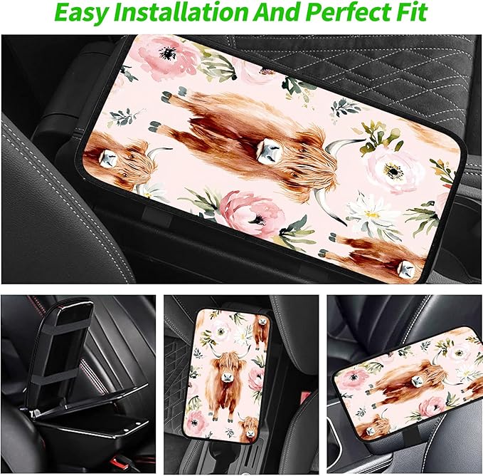 JANENFNA Car Armrest Cover Pads Universal Fashion Cute Auto Center Console Armrest Cover Pad with 2PCS Car Coasters Soft Waterproof Car Armrest Seat Protector for Women,Highland Cow with Flower