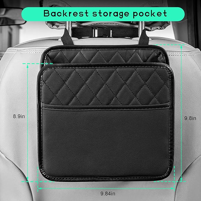 Car Back Seat Organizer, Large Capacity Foldable Car Headrest Hanging Organizer with Storage Pockets, Waterproof Leather Multipurpose Back Seat Storage Bag for Most Vehicles (Black)