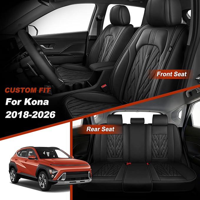 TTX LIGHTING Seat Covers Fit for Hyundai Kona 2018-2026 Seat Covers Full Set Car Seat Covers Faux Leather Breathable Waterproof Car Seat Protector (5 Seats, Black)