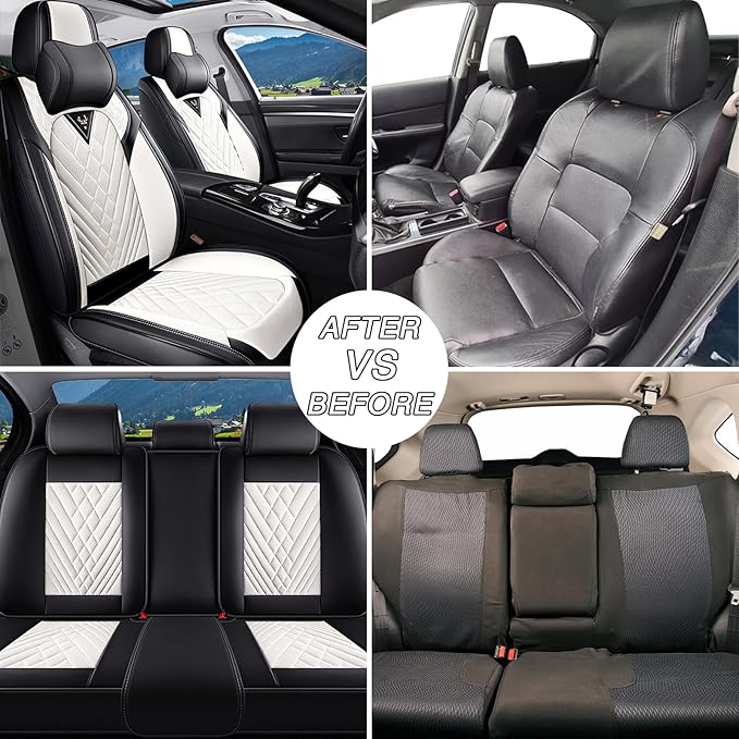 BYXN Car Seat Covers for Jeep Wrangler 2000-2026,Breathable Nappa Leather Car Seat Protector,Full Seat Cover with Pillow Automotive Seat Cushion with Airbag Compatible(5 Seats,Black-White)