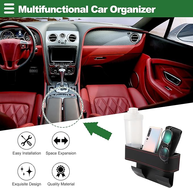 Motoforti Universal Car Seat Gap Filler Organizer with Cup Holder Front Seat Gap Filler Car Seat Gap Organizer Car Storage Accessories, Leather, Black