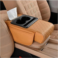 Car Center Console Armrest Pillow, Memory Foam Leather 4 in 1 Vehicle Arm Rest Cover with Tissue Box 2 Side Storage Bag Cup & Phone Holder, Auto Armrest Cushion, Universal Fit (Orange)