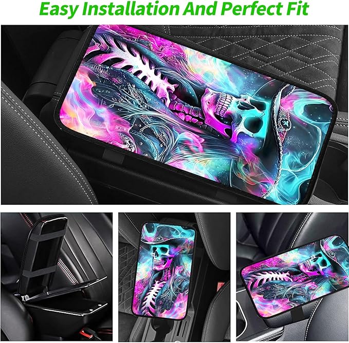 JANENFNA Car Armrest Cover Pads Universal Fashion Cute Auto Center Console Armrest Cover Pad with 2PCS Car Coasters Soft Waterproof Car Armrest Seat Protector for Women,Neon Skull Cowboy