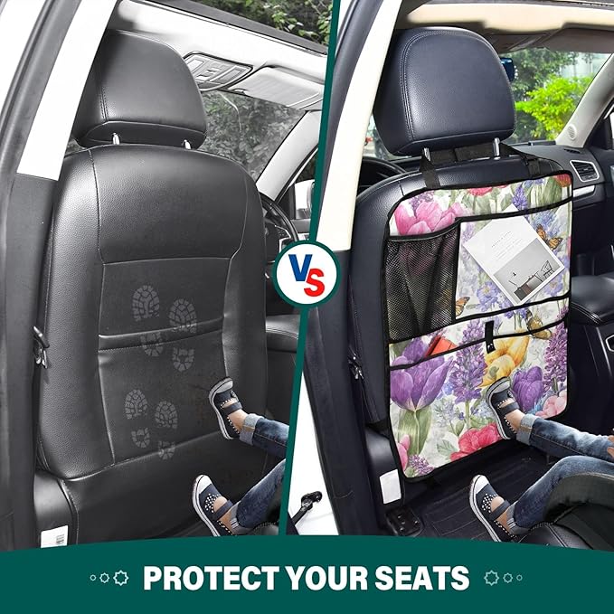 2 Pack Back Seat Car Organizer with Storage Pockets Kick Mats Back Seat Protector Hanging Car Organizer Automotive Seat Back Cover Organizers Tulips Lavenders Purple Butterfly