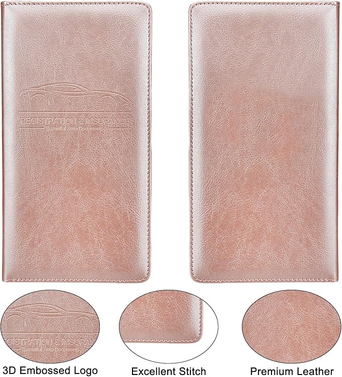 Car Registration and Insurance Holder, Premium Leather Insurance and Registration Holder,vehicle Glove Box Car Organizer, with Magnetic Shut for Cards, Driver License (Rose Gold)