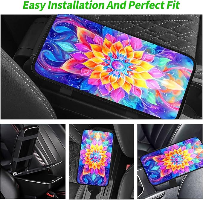 JANENFNA Car Armrest Cover Pads Universal Fashion Cute Auto Center Console Armrest Cover Pad with 2PCS Car Coasters Soft Waterproof Car Armrest Seat Protector for Women,Colorful Flower