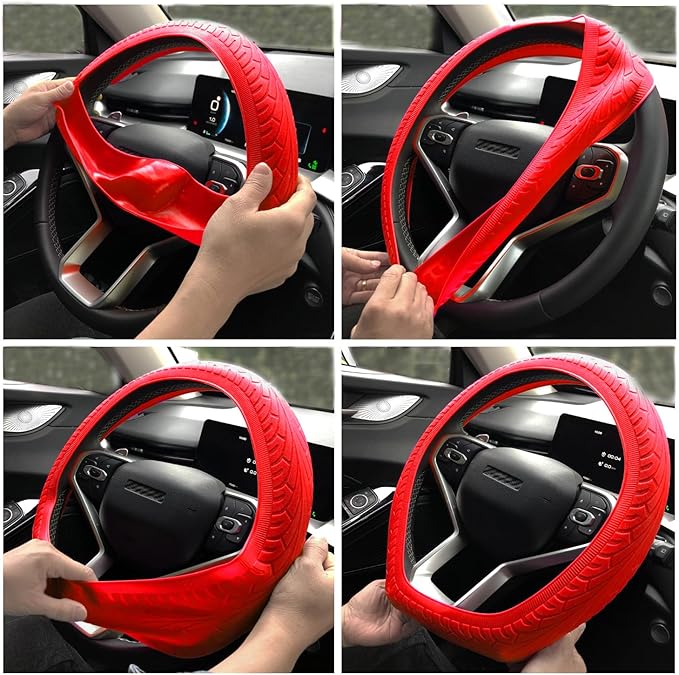 Universal Steering Wheel Cover：13.5 to 15 Inches Stretchable Silicone Anti Skid Steering Wheel Protector Fit for Most Car Models Including Round D Shape or Special Shape (Red)