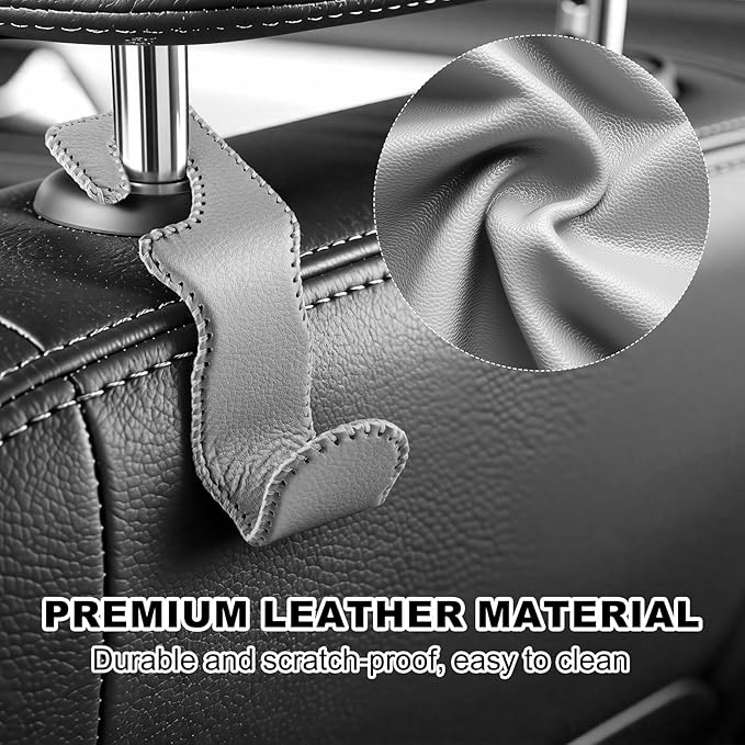 Car Seat Hooks for Purses and Bags, 4 Pack Car Purse Holder for Grocery Bag Handbag Clothes, Metal Headrest Hooks Covered by Leather, Gray