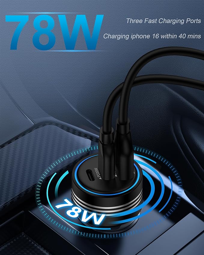 iPhone 16e 17e Car Charger Fast Charging, 78W 3-Port Super Fast Charge USB A & USB C Car Power Cigarette Lighter Adapter for iPhone 17/17e/Air/17 Pro/16/16e/16Pro Max/15/14/13/12, iPad, Samsung S26