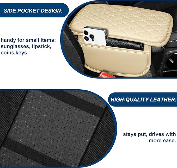 Car Center Console Cover Fit for Volkswagen Atlas Leather Armrest Cover with 2 Storage Bags Waterproof Console Cover Scratch & Wear Resistant(Beige)