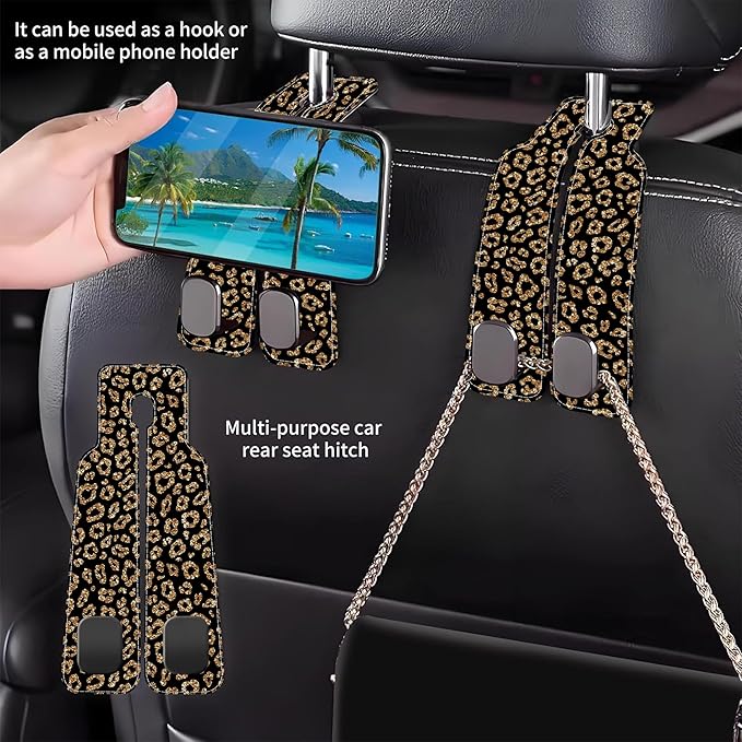 Car Headrest Purse Hanger Abstract Gold Glitter Leopard 1 Pack Bag Purse Holder for Car Premium Leather Double Metal Hook for Handbags, Grocery Bags and Phones