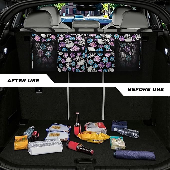 Trunk Hanging Organizer, Backseat Bag, Car Interior Accessories Decoration with Pocket for Groceries, Provide Storage Space for SUV, Jeep, MPVs,Black Skull Floral Punk