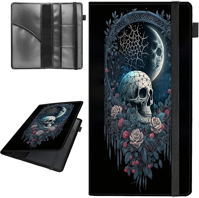 Car Registration and Insurance Holder,Leather Vehicle Glove Box Organizer Wallet for Document,Perfect for any Car,Truck,Motorcycle,Driver License,Trailer or Boat,Men & Women,Skull Roses Floral Moon