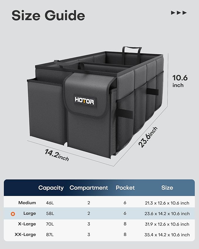 HOTOR Foldable Trunk Organizer - SUVs & Sedans, Sturdy Car Organization With 2 Compartments, Black, 23.6"×14.2"×10.6"
