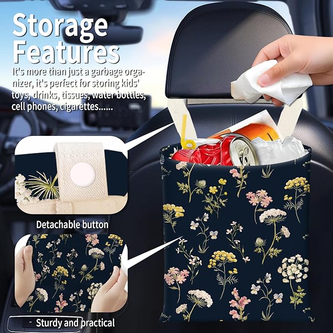 BEAKND Hanging Car Garbage Bag, Cute Car Trash Can Bag, Automotive Accessories for Women Men Cute Black White Floral