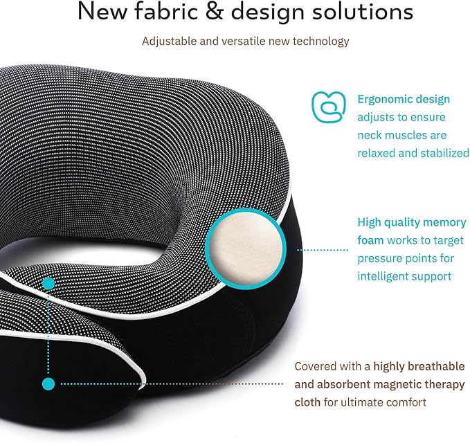 Proglobe Orthopedic Neck Pillow, Travel Neck Pillows for Airplanes, Memory Foam Kit, 360° Head Support, Airplane Pillow Set with 3D Contoured Eye Masks, Earplugs, and Luxury Mesh Bag (Black)