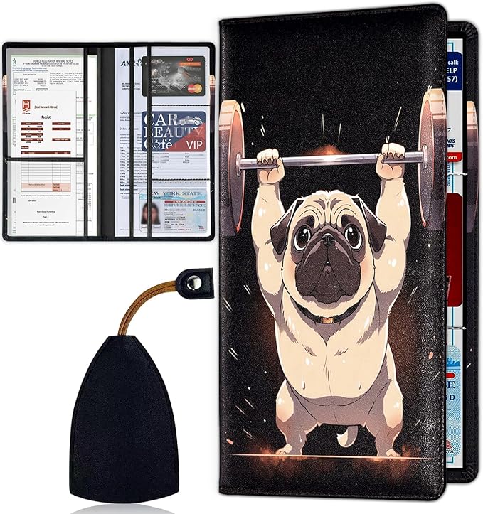 Car Document Holder with Magnetic Shut, Car Registration & Insurance Card Holder, Waterproof PU Leather Glove Box Organizer Vehicle Accessories Driver License for Women/Men, Pug Weightlifting