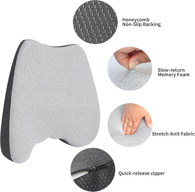 Car Seat Cushion, 2 in 1 Car Seat Cushion or Lumbar Support, Ergonomic Memory Foam Seat Cushions for Car Truck Sedan Home Office, Grey