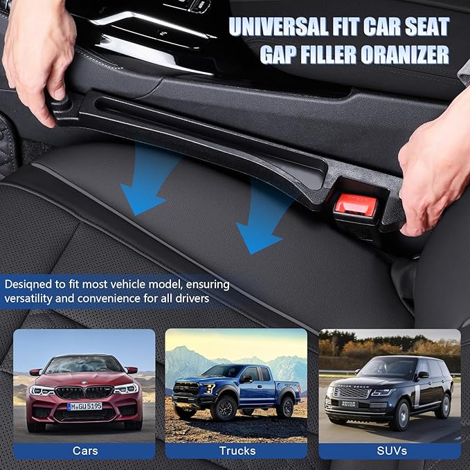 Car Seat Gap Filler Multifunctional Seat Side Gap Filler with Organizer and Hook Function, Universal SUV Truck Fill the Gap between Seat and Console to Prevent Items from Falling Set of 2 (Black)