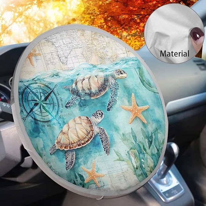 Turtle Print Steering Wheel Sun Shade Cover 17 Inch Beach Print Car Rudder Sun Shade Cooling Cover for Summer Foldable Steering Wheel Cover Gift for Friends
