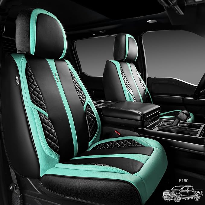 CAR PASS Nappa Leather Car Seat Covers Front Seats Only, Luxury PU Leatherette Seat Covers 2 Pack, Waterproof Durable Car Seats Cushion Protector, Universal Fit for Sedan SUV Truck Van(Black Mint)