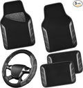 CAR PASS Leather Steering Wheel Cover and Waterproof Car Floor Mats,Microfiber Universal Car Combo Fit for 95% Sedan,SUV,Cars,14.5-15inch Sporty Anti-Slip Safety Comfortable Design(Carbon Fiber Black)