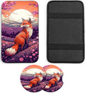 JANENFNA Car Armrest Cover Pads Universal Fashion Cute Auto Center Console Armrest Cover Pad with 2PCS Car Coasters Soft Waterproof Car Armrest Seat Protector for Women,Japanese Fox