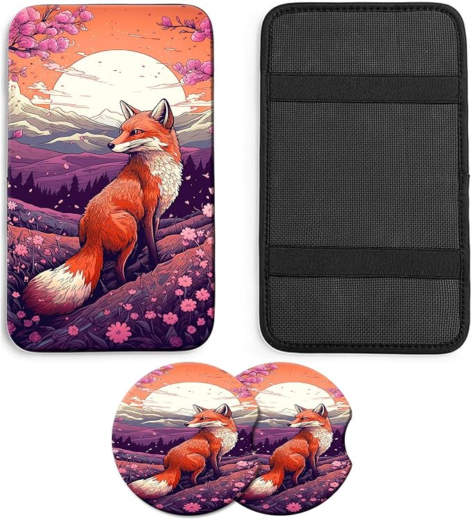 JANENFNA Car Armrest Cover Pads Universal Fashion Cute Auto Center Console Armrest Cover Pad with 2PCS Car Coasters Soft Waterproof Car Armrest Seat Protector for Women,Japanese Fox