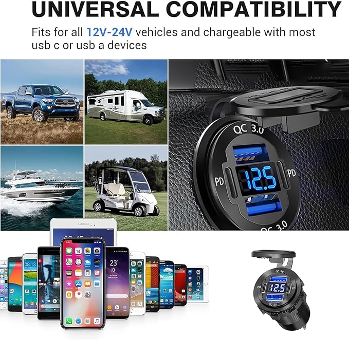 Upgraded 12V USB Charger with 4 Ports - Aluminum Alloy Car Outlet with LED Voltmeter for Cars, Golf Carts, Boats, RVs, Trucks, and Motorcycles (Pack of 2)