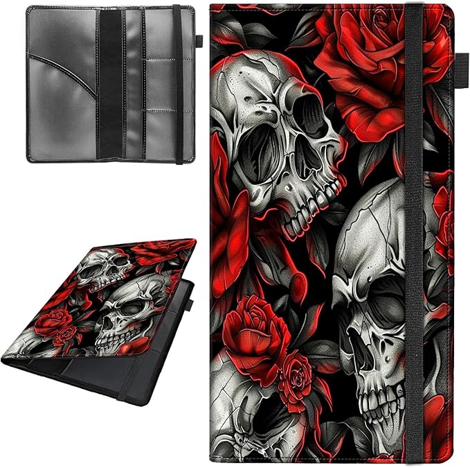 Decahouy Car Registration and Insurance Holder,Leather Vehicle Glove Box Organizer Wallet for Document,Perfect for any Car,Truck,Motorcycle,Driver License,Trailer or Boat,Men & Women,Skull Red Rose