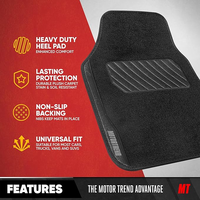 Motor Trend SpeedSeries Carpet Floor Mats Set - Universal Fit for Cars, Trucks, SUVs, Vans Trim Racing Design Car Mats Full Set Tapetes para Carro - Set of 4, Black & Black Car Carpet Mats