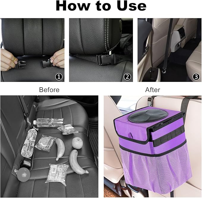 GPUSFAK Car Trash Can Foldable Garbage Bin Leakproof 2.3 Gallons Car Trash Bag Purple