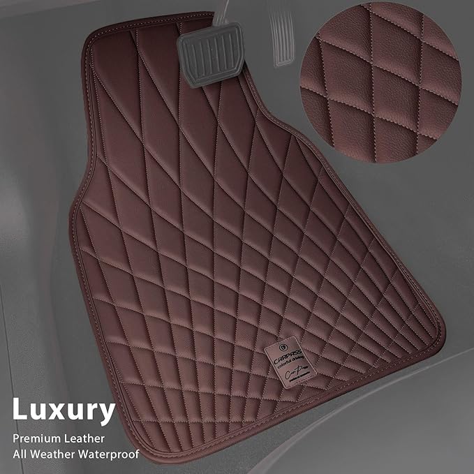 CAR PASS Luxury Faux Leather Floor Mats for Cars, Waterproof All Weather Car Mats Full Set, Anti-Slip Deluxe Automotive Floor Mats Universal Fit for Most SUV Vans Sedans Trucks, 4 Piece Brown