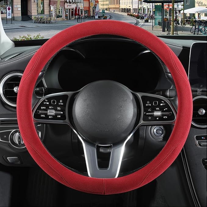 14 inch Red Suede Steering Wheel Cover, Breathable Non-Slip Sweat-Proof Wear-Resistant No Pilling, Warm in Winter and Cool in Summer