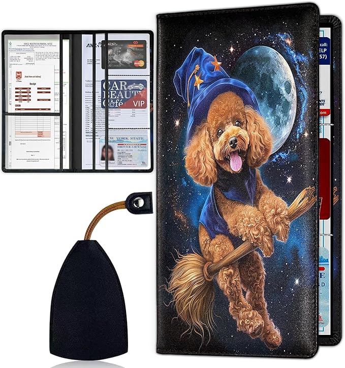 Car Registration Holder, Waterproof PU Leather Vehicle Card Document Glove Box Organizer, Women Interior Auto Accessories Case for Cards, Driver License Car Insurance Holder, Cockapoo Dog Pattern