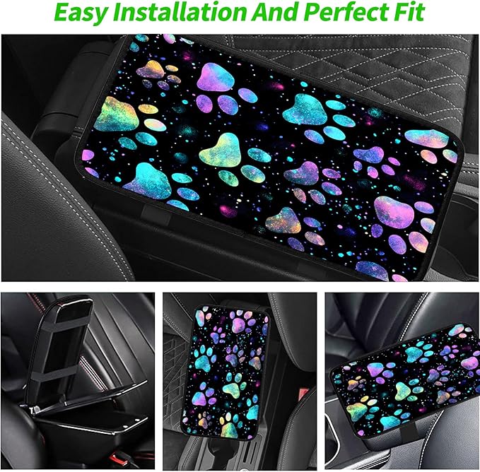 JANENFNA Car Armrest Cover Pads Universal Fashion Cute Auto Center Console Armrest Cover Pad with 2PCS Car Coasters Soft Waterproof Car Armrest Seat Protector for Women,Rainbow Paw Printz