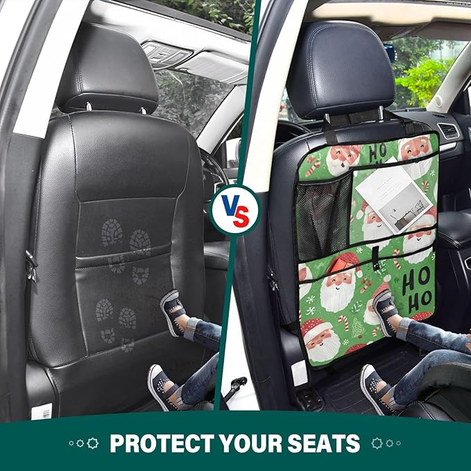 2 Pack Back Seat Car Organizer with Storage Pockets Kick Mats Back Seat Protector Hanging Car Organizer Automotive Seat Back Cover Organizers Bright Green Christmas Santa Claus