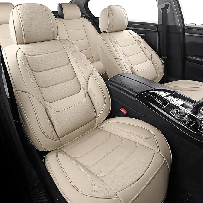 SCOMEE Beige Leather Car Seat Covers Full Set Breathable Seat Protectors Waterproof Automotive Seat Covers Universal Fit for Most Cars SUVs Trucks Vehicles
