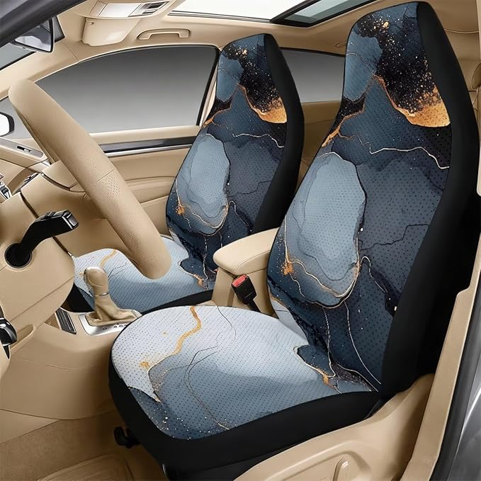 Qeluxign Marble Air Mesh Car Seat Covers & Accessories 5-Piece Set 2 Seat Covers, 2 Shoulder Belt Pads, 1 Console Pad PU Leather Car Interior Set for Women
