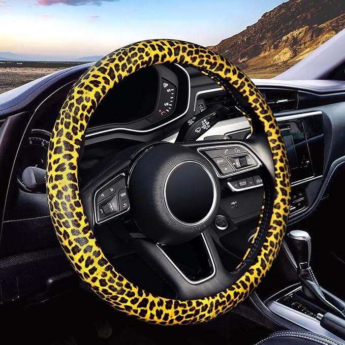 ZHOL Leopard-Cheetah Print Steering Wheel Cover,Made of PU Leather and Leopard Print Fabric,Non-Slip and Breathable Design,Suitable for Both Men and Women,Universal 14.5-15 inches (Black&Yellow)