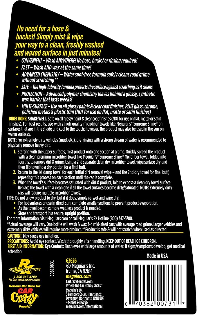 Meguiar's Ultimate Waterless Wash & Wax - High-Efficiency Car Care Solution for Shine and Protection, Ideal for Water-Free Car Cleaning and Quick Detailing, Perfect for Car Care Enthusiasts