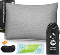 CushyOasis All-in-1 Camping Pillow Set - Shredded Memory Foam Small Travel Neck Pillow for Sleeping with Eye Mask, Earplugs & Washable Cover, Compact for Backpacking, Hiking, Airplane, Car, L Size